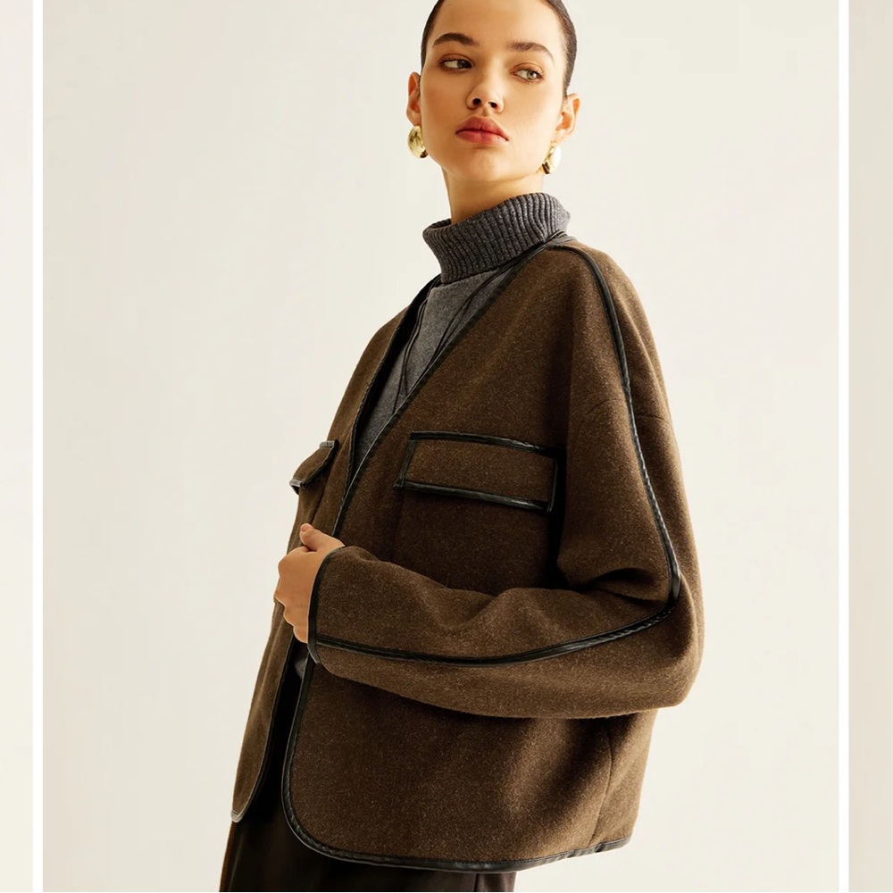 NEW Commense Contrast Trim Tweed Brown Black Trim Open Lightweight Coat, Medium - Picture 2 of 14